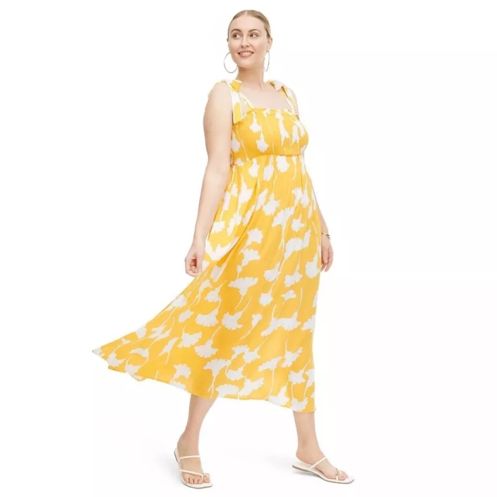 NWT Smocked Tie Strap Ginkgo Yellow Midi Dress - DVF for Target, size XL